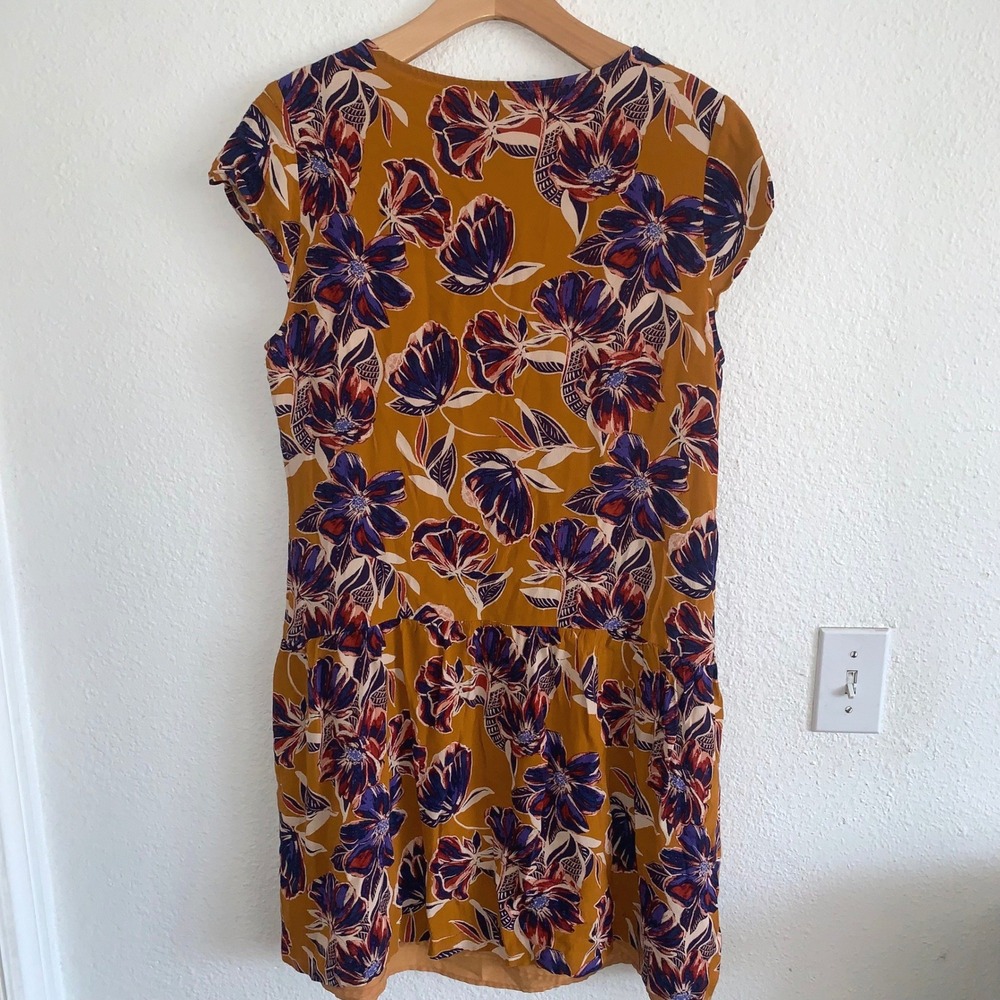 Garnet Hill Mustard Yellow Floral V-Neck Cap Sleeve Pocket Shift Dress Size 10 - Picture 2 of 7